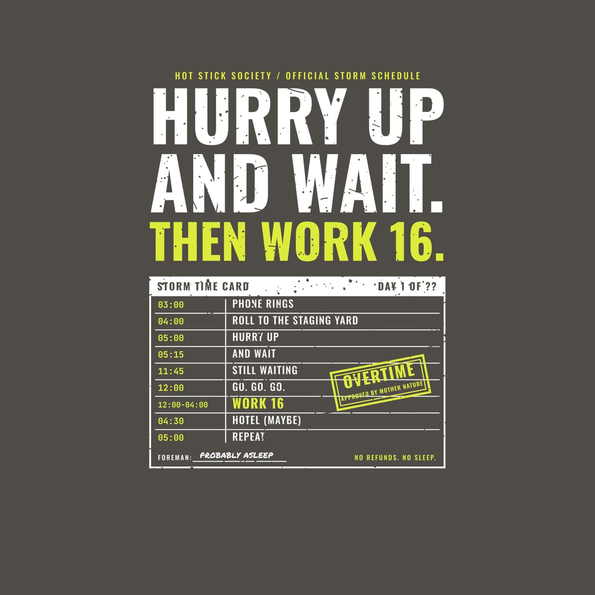 Close-up of the Hurry Up and Wait Storm Time Card print artwork in hi-vis yellow and white on a dark background