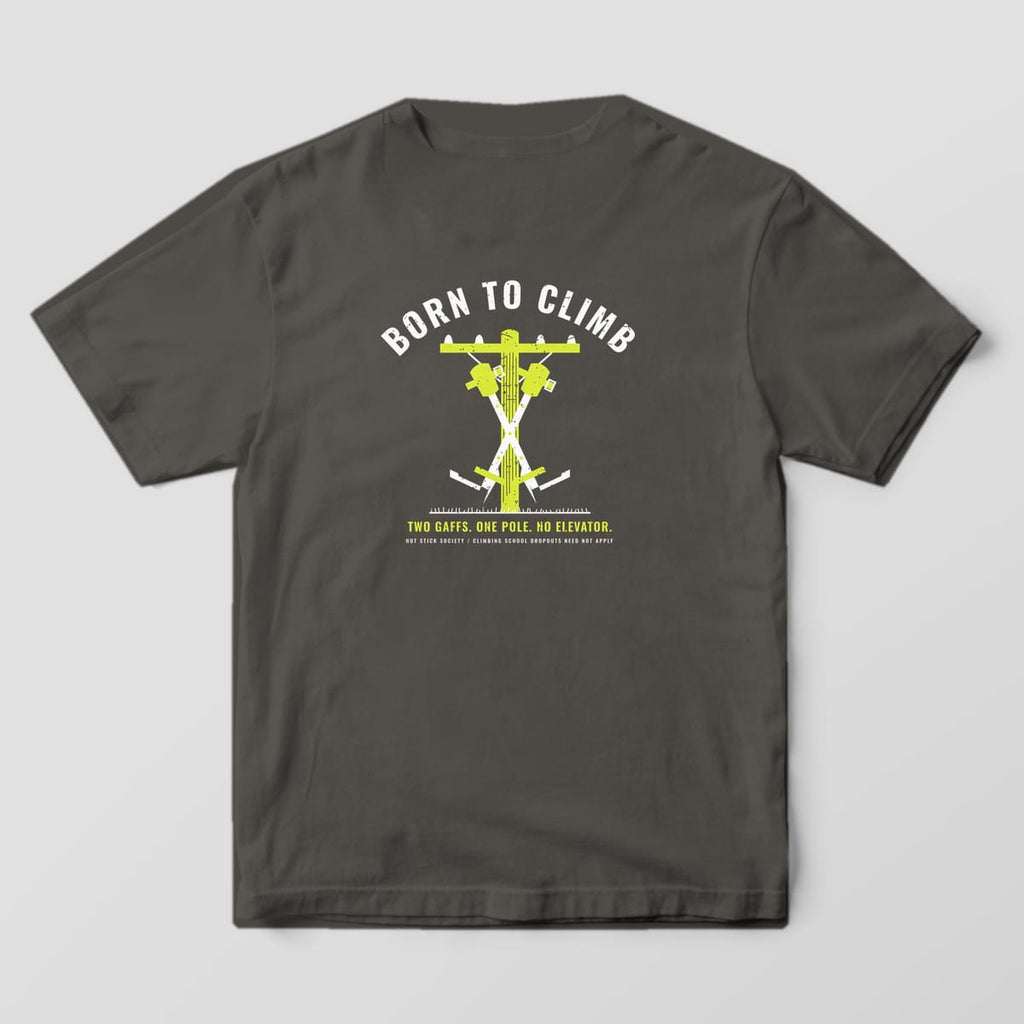 Back view of the pepper Comfort Colors 1717 shirt showing the Born to Climb Gaffs back print in hi-vis yellow and white