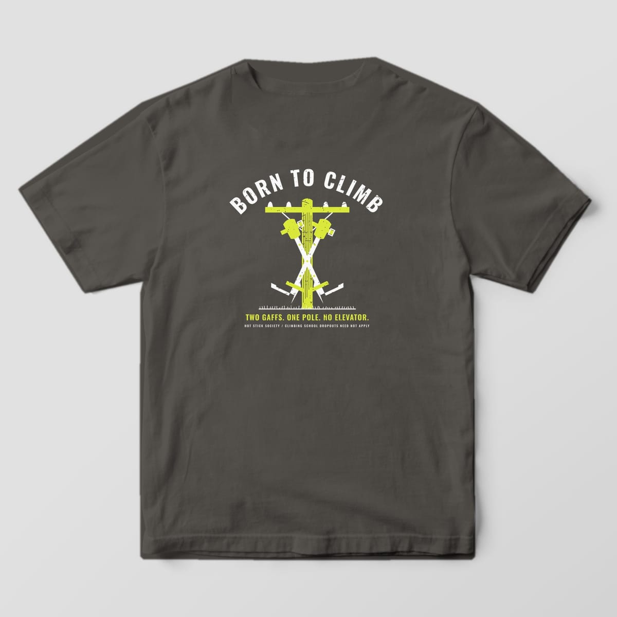 Back view of the pepper Comfort Colors 1717 shirt showing the Born to Climb Gaffs back print in hi-vis yellow and white