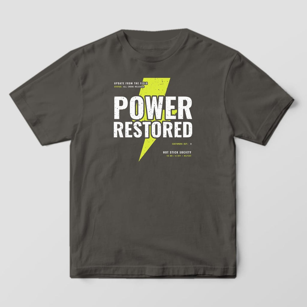 Front view of a pepper T-shirt with a full-front Power Restored print and a large hi-vis lightning bolt
