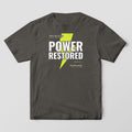 Front view of a pepper T-shirt with a full-front Power Restored print and a large hi-vis lightning bolt