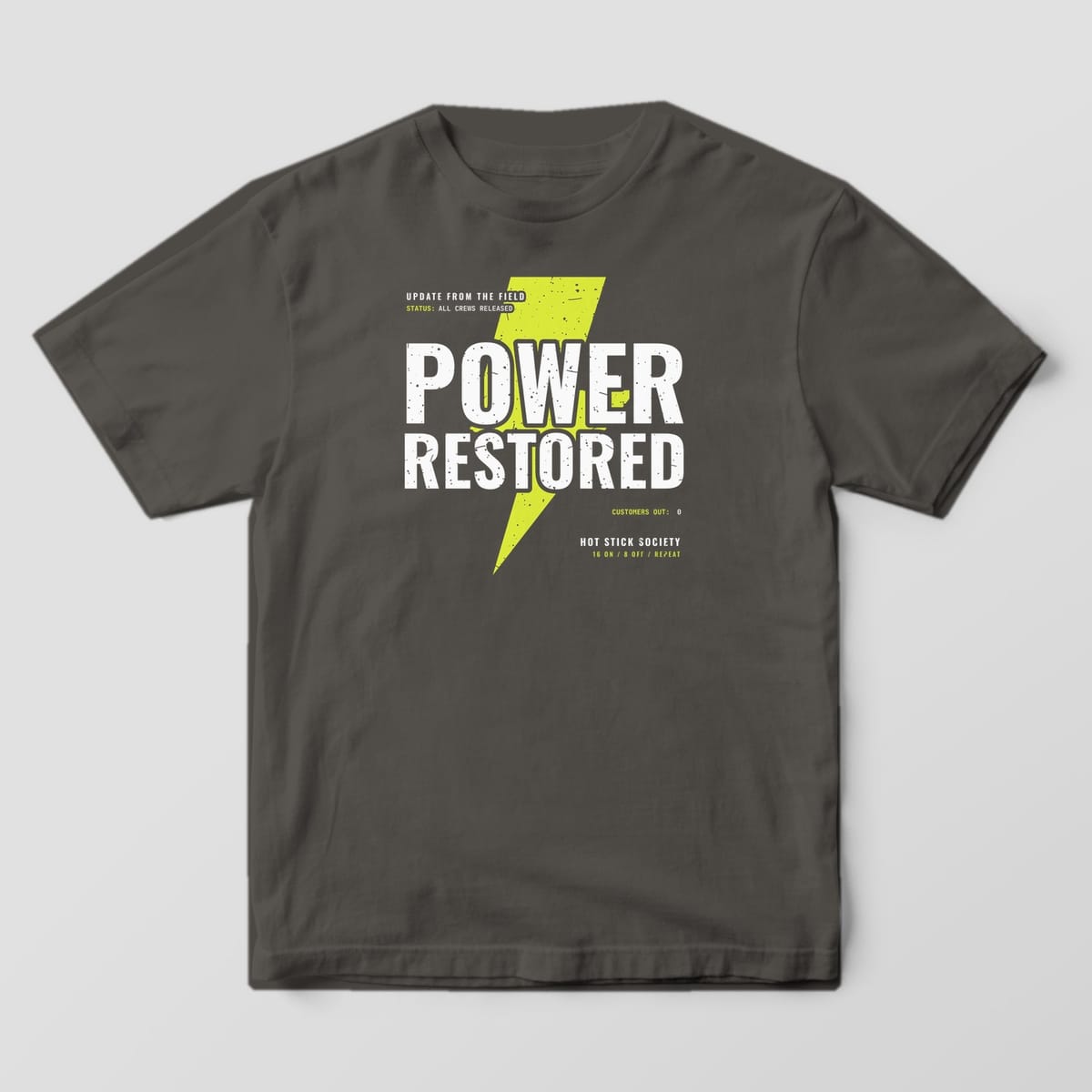 Front view of a pepper T-shirt with a full-front Power Restored print and a large hi-vis lightning bolt