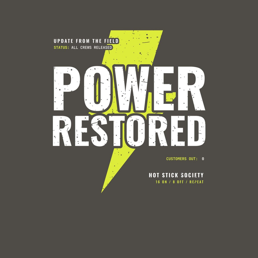 Close-up of the Power Restored artwork, white stacked type over a yellow lightning bolt