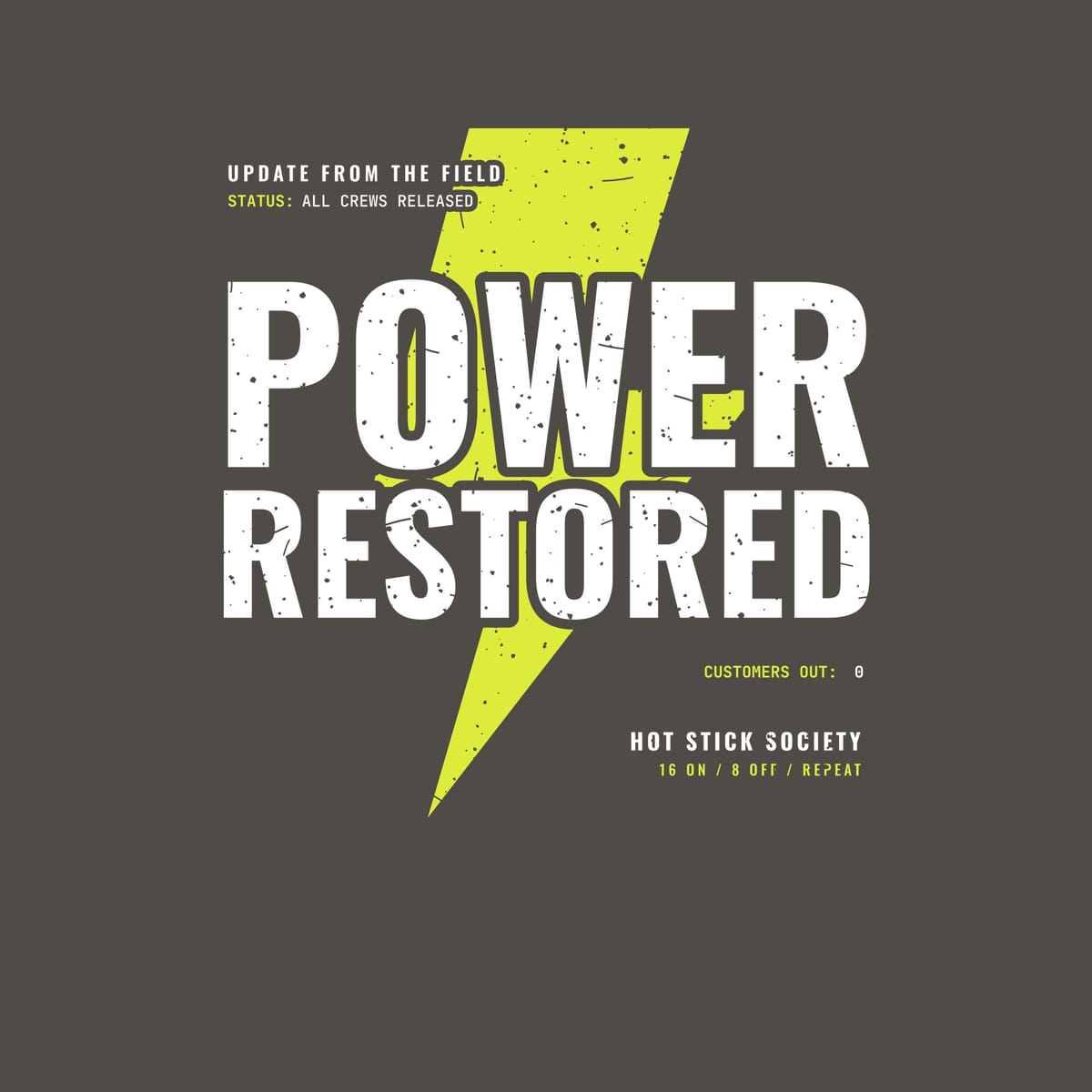 Close-up of the Power Restored artwork, white stacked type over a yellow lightning bolt