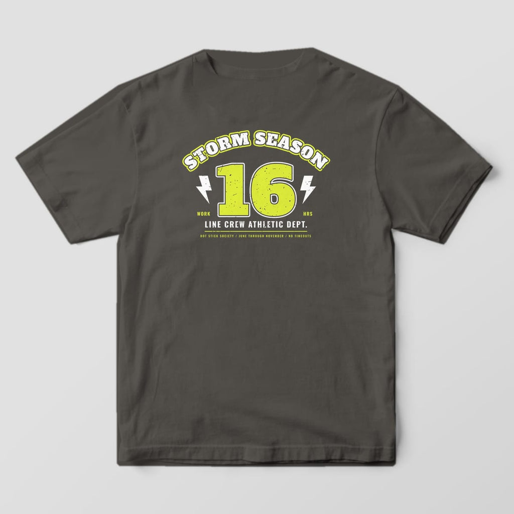 Back view of the pepper Comfort Colors 1717 shirt showing the Storm Season Varsity back print in hi-vis yellow and white