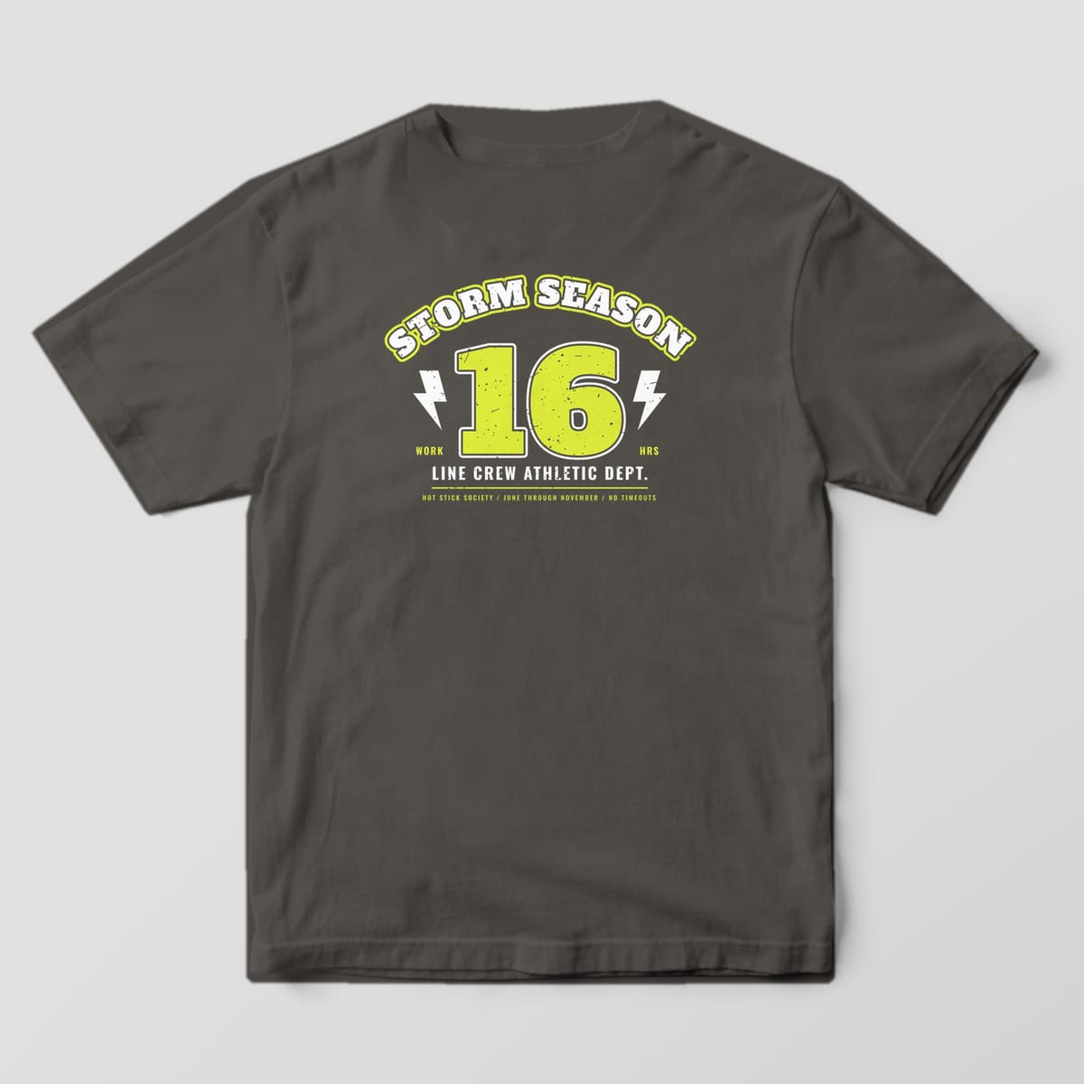 Back view of the pepper Comfort Colors 1717 shirt showing the Storm Season Varsity back print in hi-vis yellow and white