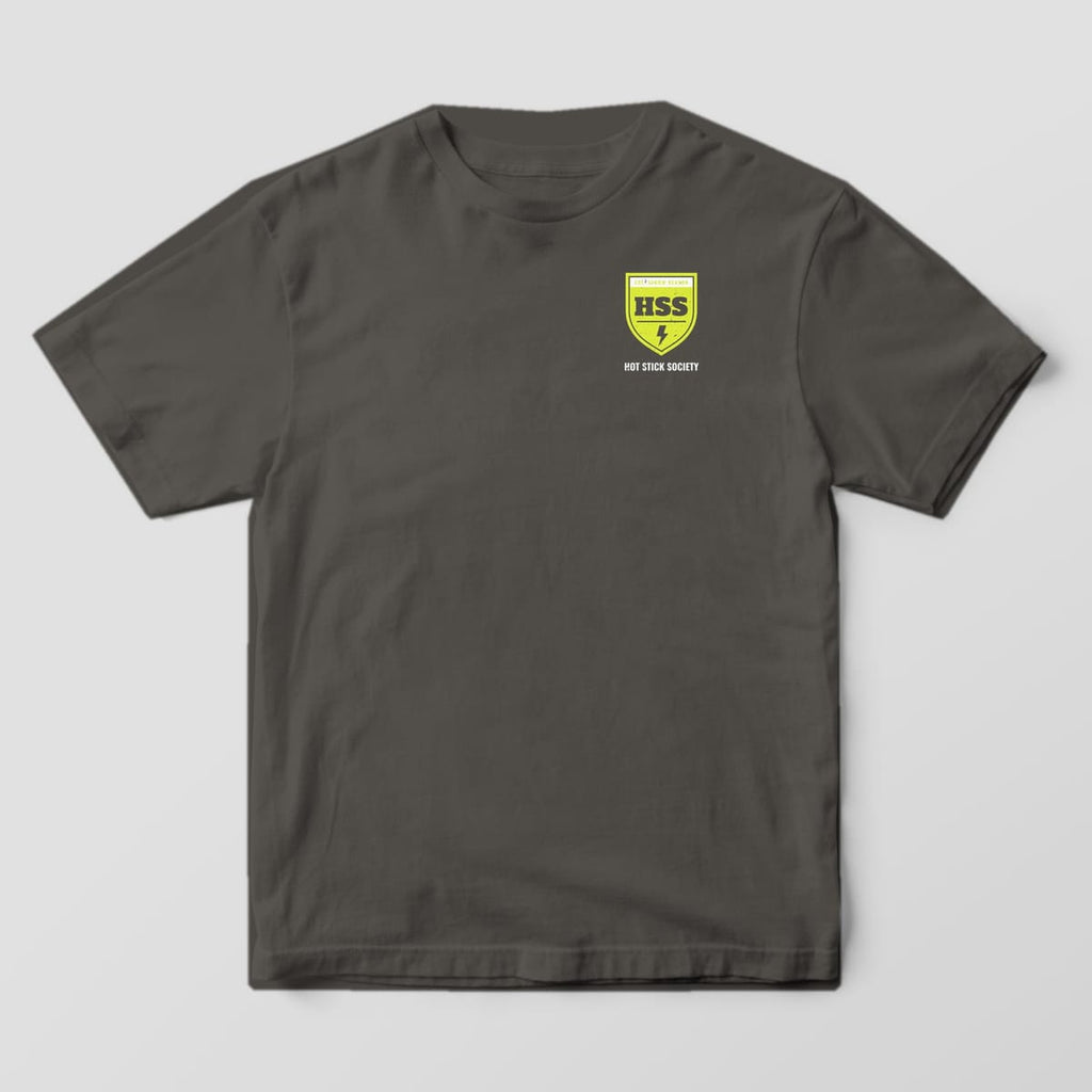 Front view of the pepper Comfort Colors 1717 shirt with the small left-chest Storm Season Varsity print