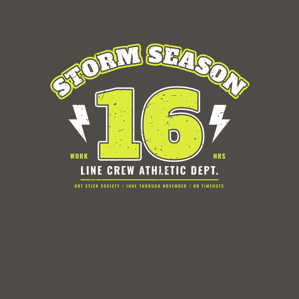 Close-up of the Storm Season Varsity print artwork in hi-vis yellow and white on a dark background