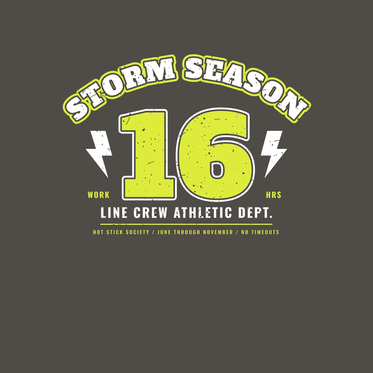 Close-up of the Storm Season Varsity print artwork in hi-vis yellow and white on a dark background
