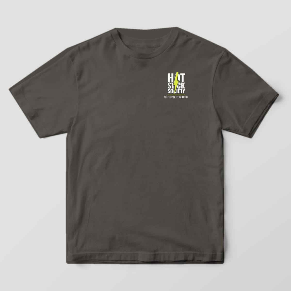 Front view of the pepper Comfort Colors 1717 shirt with the small left-chest Test Before You Touch print