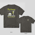 Back and front of a pepper My Lineman Keeps the Lights On lineman T-shirt shown together, back print large on the left and the small chest print on the right