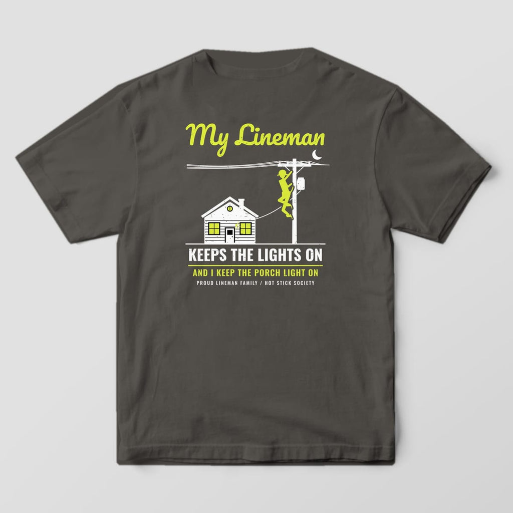 Back view of the pepper Comfort Colors 1717 shirt showing the My Lineman Keeps the Lights On back print in hi-vis yellow and white