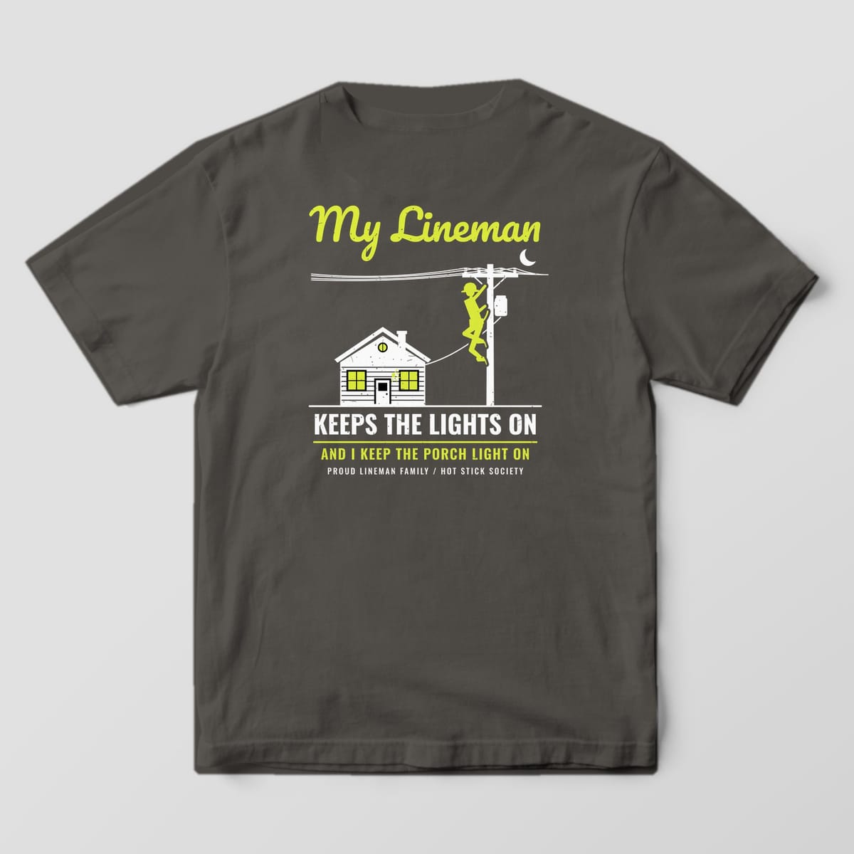 Back view of the pepper Comfort Colors 1717 shirt showing the My Lineman Keeps the Lights On back print in hi-vis yellow and white