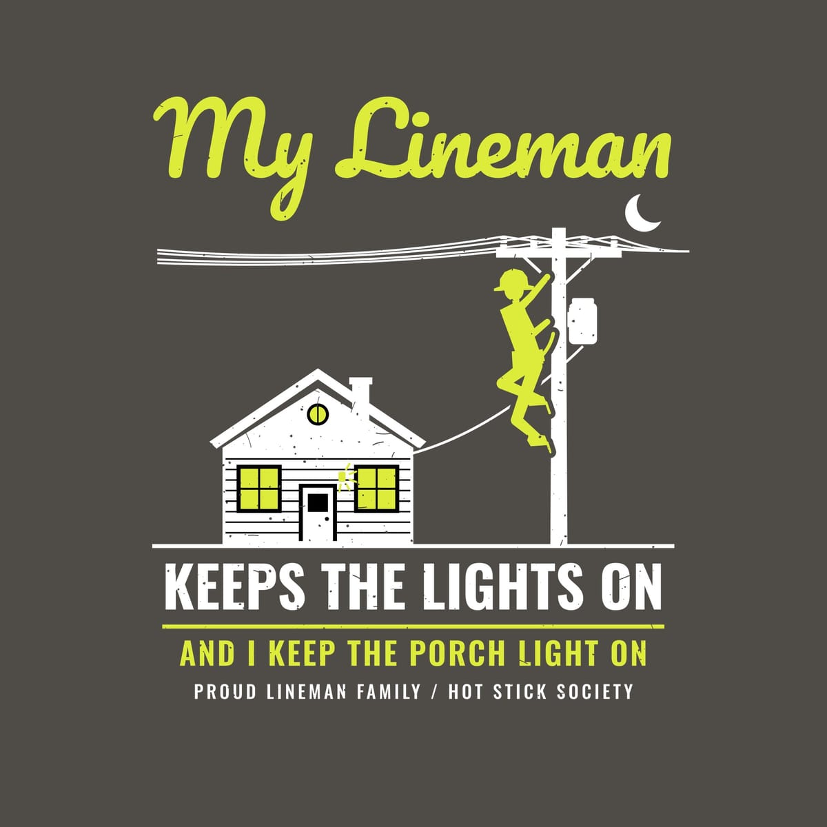 Close-up of the My Lineman Keeps the Lights On print artwork in hi-vis yellow and white on a dark background