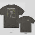 Back and front of a pepper Built Different Built High transmission tower blueprint lineman T-shirt shown together, back print large on the left and the small chest print on the right