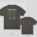 Back and front of a pepper Knots of the Trade rope knot chart lineman T-shirt shown together, back print large on the left and the small chest print on the right