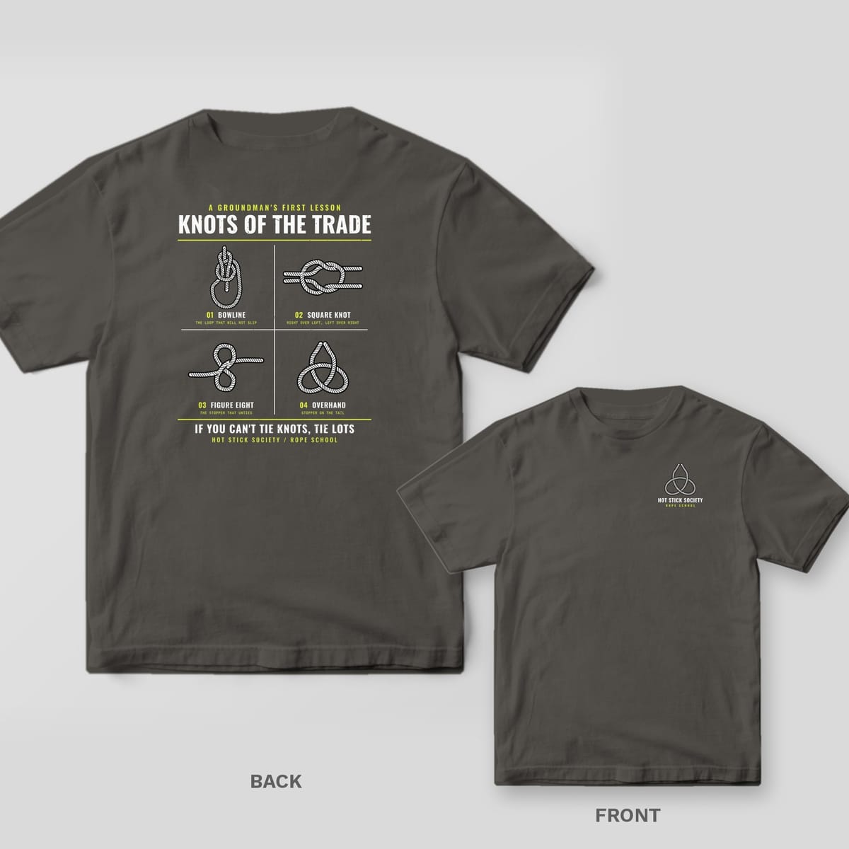 Back and front of a pepper Knots of the Trade rope knot chart lineman T-shirt shown together, back print large on the left and the small chest print on the right