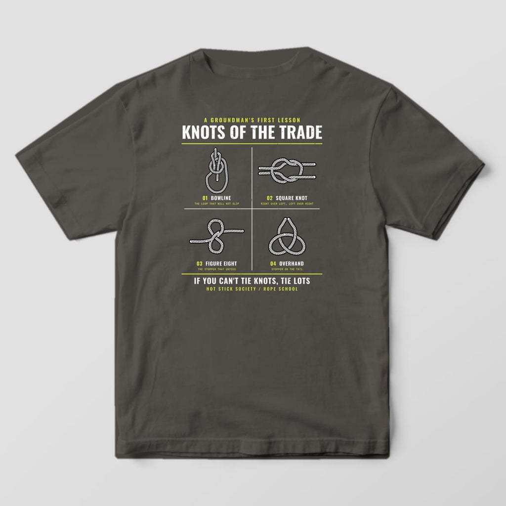 Back view of the pepper Comfort Colors 1717 shirt showing the Knots of the Trade rope knot chart back print in hi-vis yellow and white
