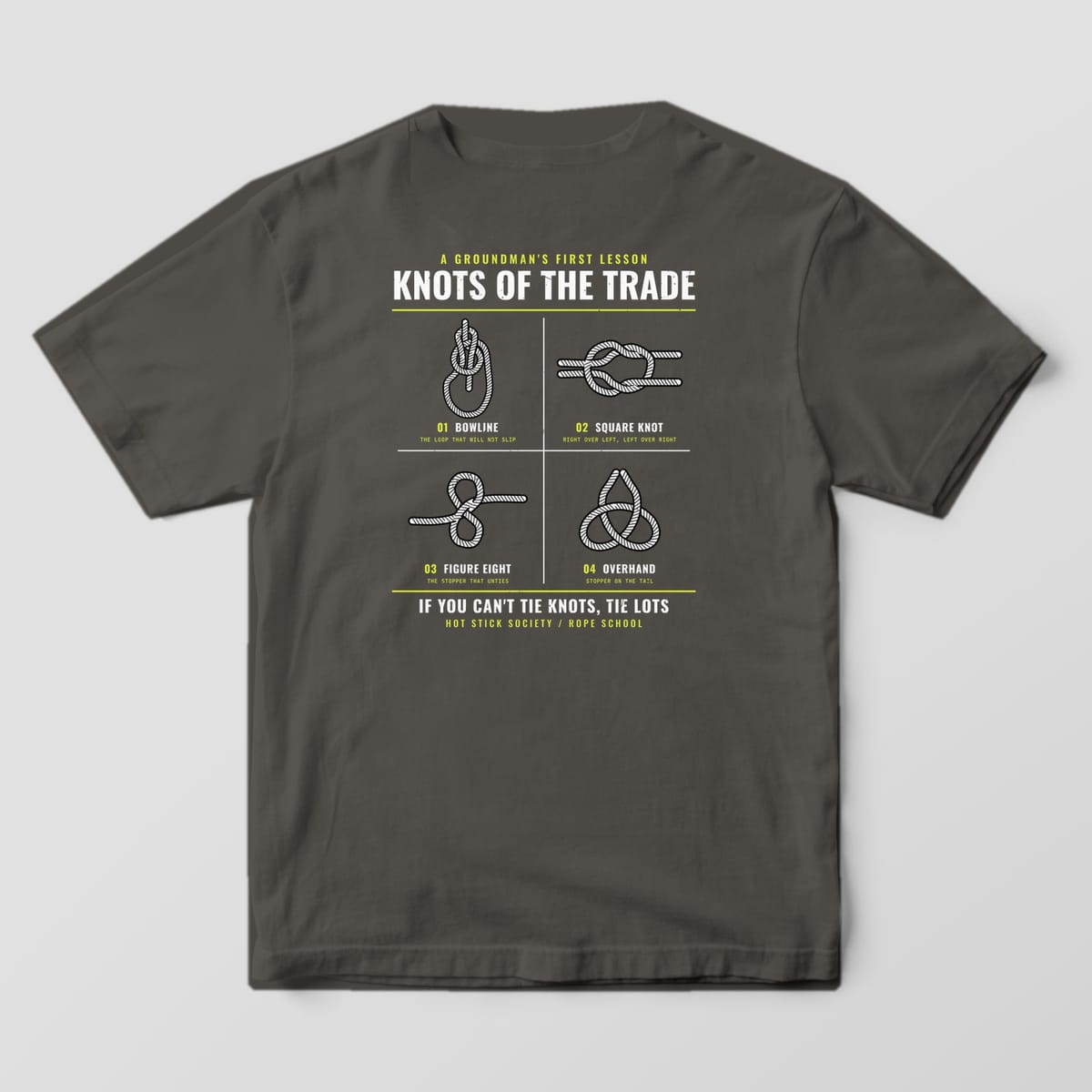 Back view of the pepper Comfort Colors 1717 shirt showing the Knots of the Trade rope knot chart back print in hi-vis yellow and white