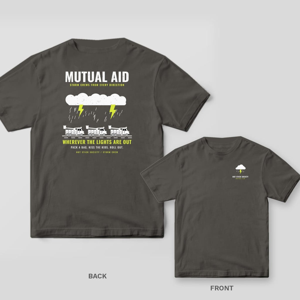 Back and front of a pepper Mutual Aid bucket truck convoy lineman T-shirt shown together, back print large on the left and the small chest print on the right