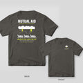 Back and front of a pepper Mutual Aid bucket truck convoy lineman T-shirt shown together, back print large on the left and the small chest print on the right