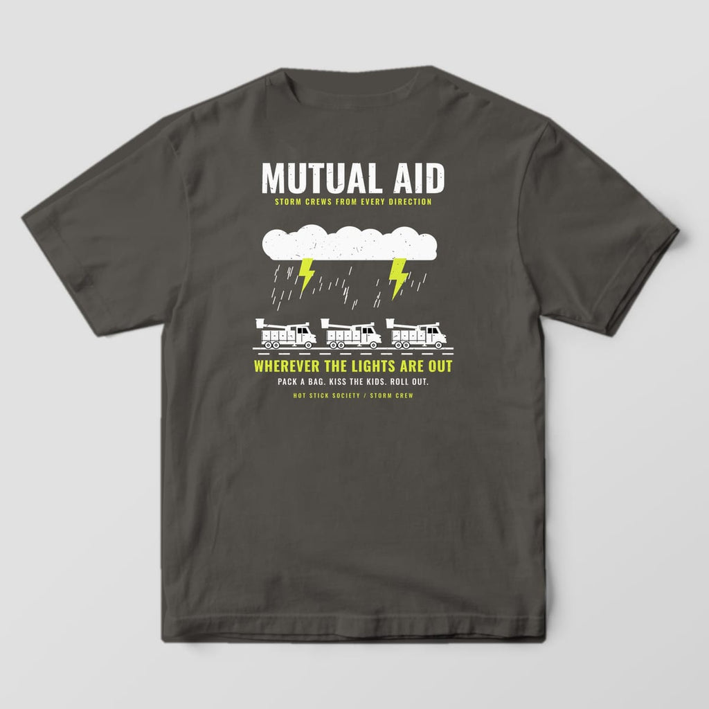 Back view of the pepper Comfort Colors 1717 shirt showing the Mutual Aid bucket truck convoy back print in hi-vis yellow and white