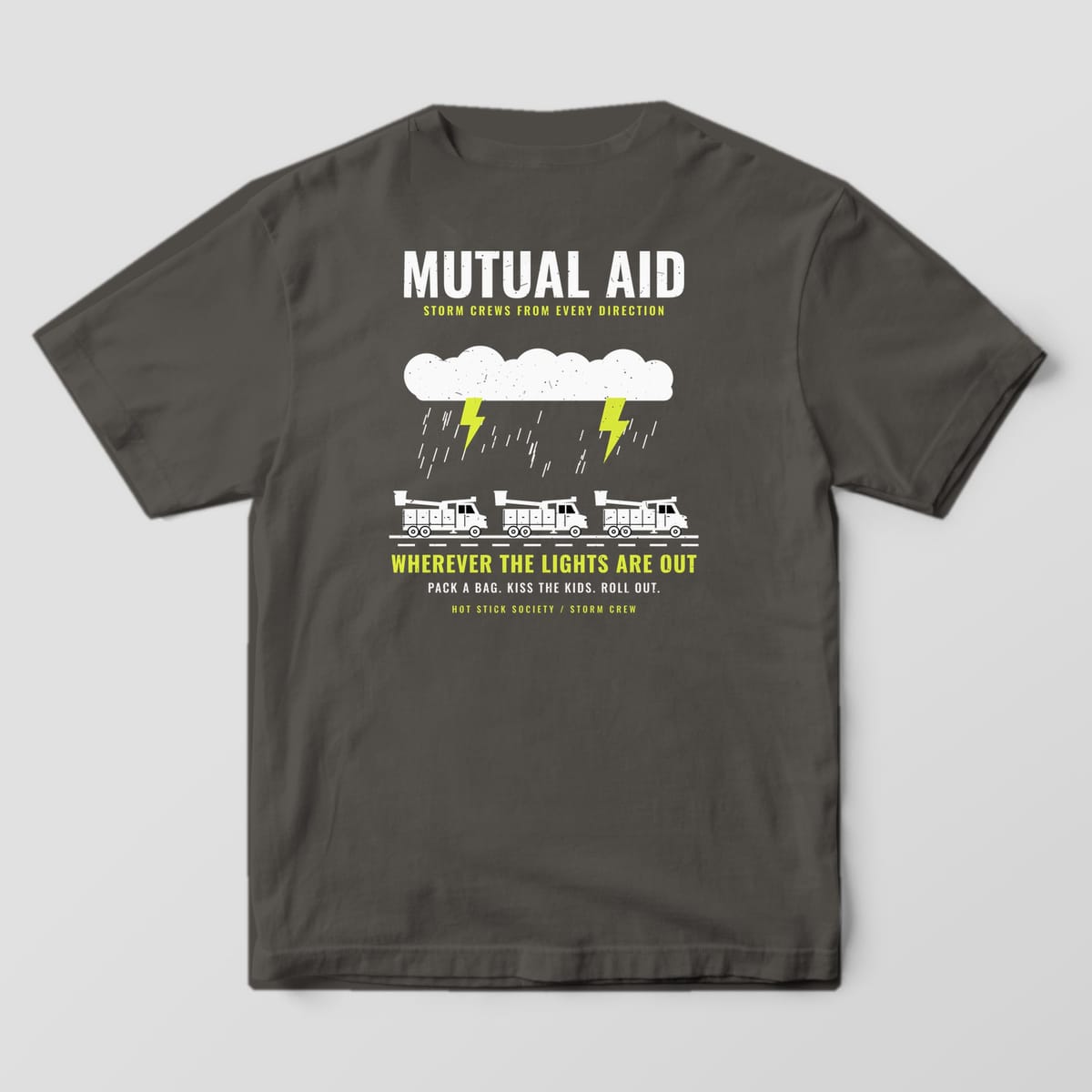 Back view of the pepper Comfort Colors 1717 shirt showing the Mutual Aid bucket truck convoy back print in hi-vis yellow and white