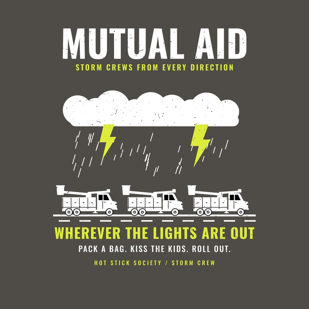 Close-up of the Mutual Aid bucket truck convoy print artwork in hi-vis yellow and white on a dark background