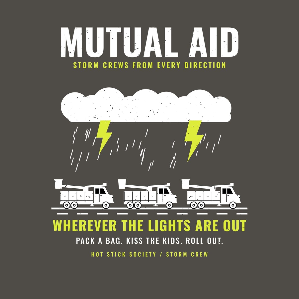 Close-up of the Mutual Aid bucket truck convoy print artwork in hi-vis yellow and white on a dark background