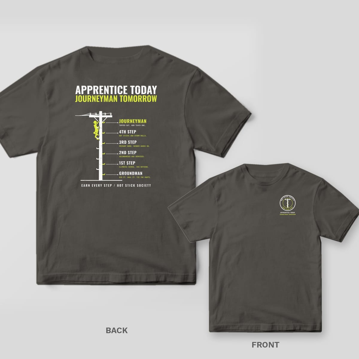 Back and front of a pepper Apprentice Today Journeyman Tomorrow climbing ladder lineman T-shirt shown together, back print large on the left and the small chest print on the right