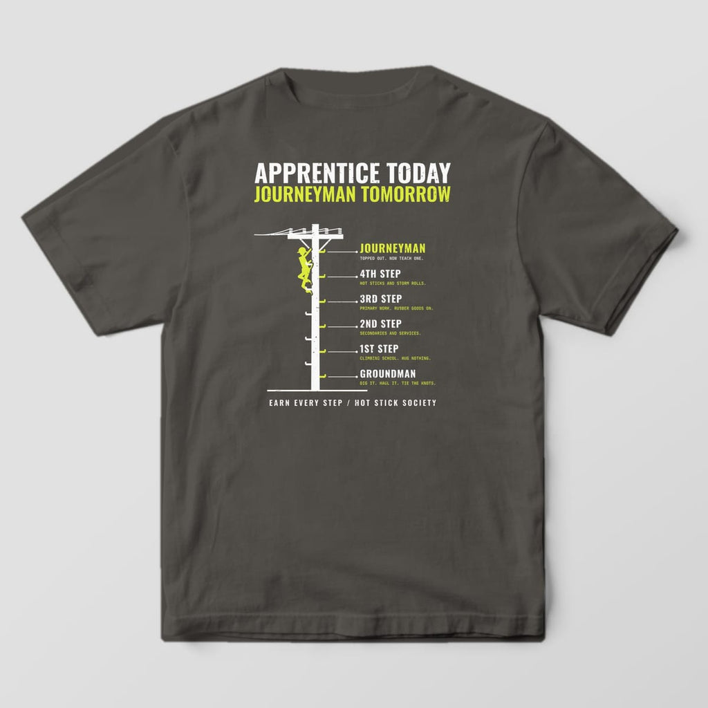 Back view of the pepper Comfort Colors 1717 shirt showing the Apprentice Today Journeyman Tomorrow climbing ladder back print in hi-vis yellow and white