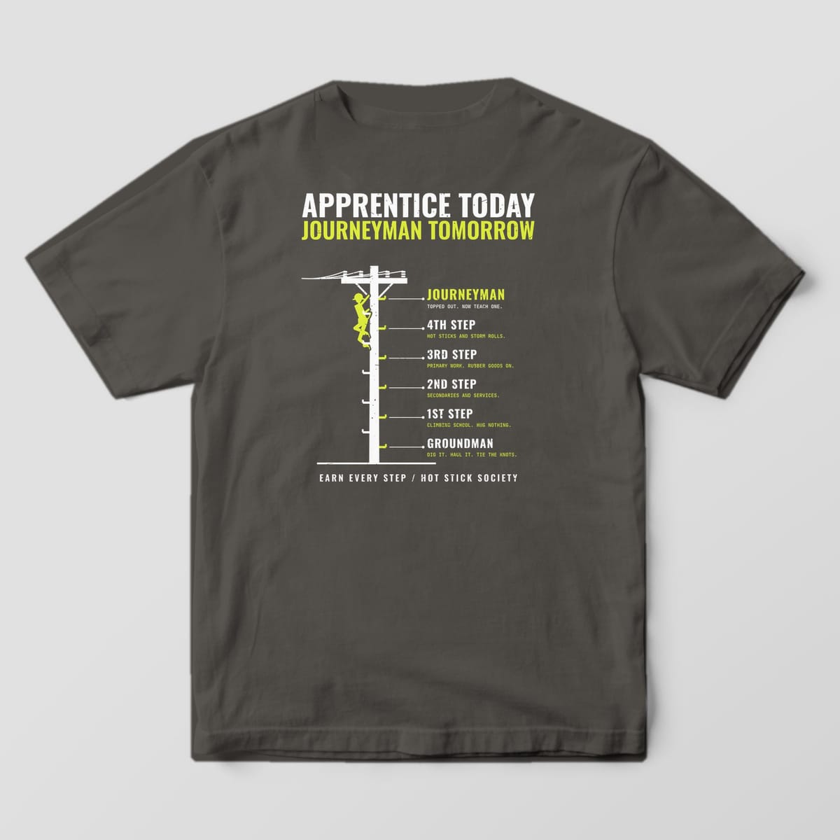 Back view of the pepper Comfort Colors 1717 shirt showing the Apprentice Today Journeyman Tomorrow climbing ladder back print in hi-vis yellow and white