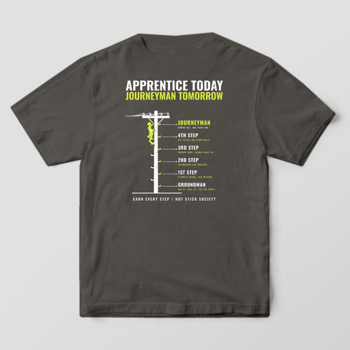 Back view of the pepper Comfort Colors 1717 shirt showing the Apprentice Today Journeyman Tomorrow climbing ladder back print in hi-vis yellow and white