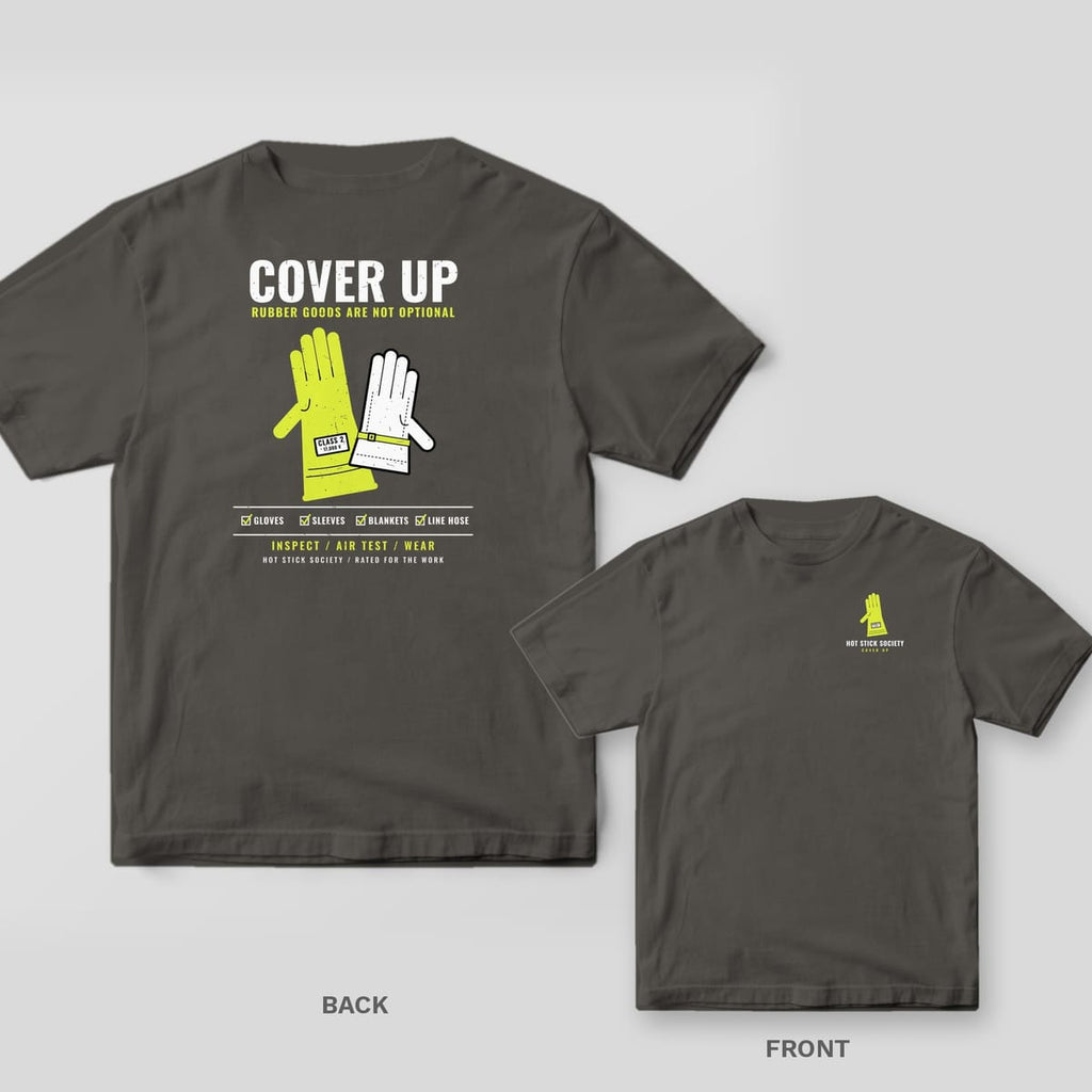 Back and front of a pepper Cover Up rubber gloves lineman T-shirt shown together, back print large on the left and the small chest print on the right