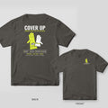 Back and front of a pepper Cover Up rubber gloves lineman T-shirt shown together, back print large on the left and the small chest print on the right