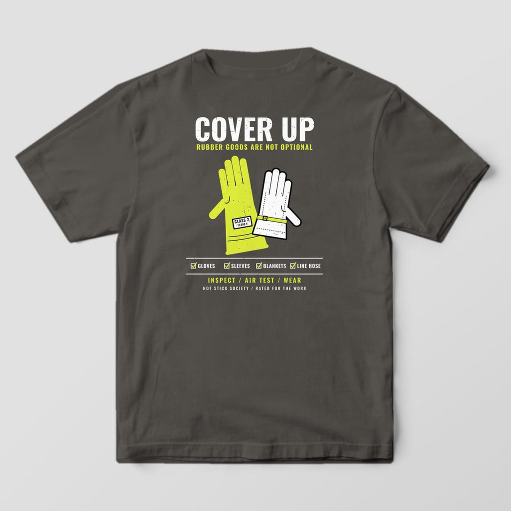 Back view of the pepper Comfort Colors 1717 shirt showing the Cover Up rubber gloves back print in hi-vis yellow and white