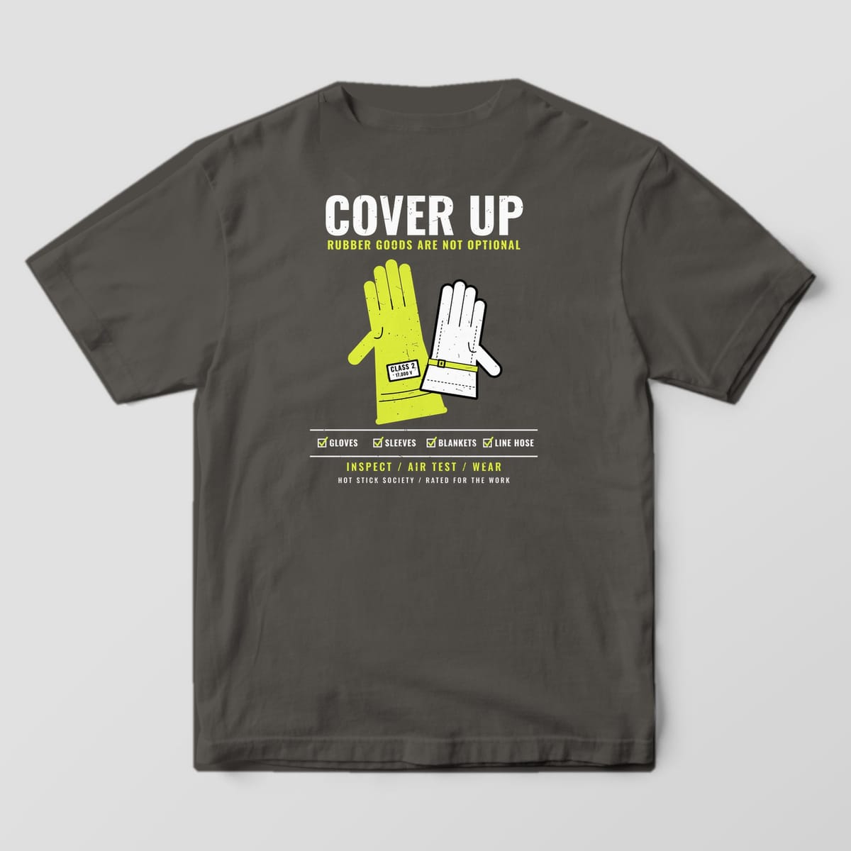 Back view of the pepper Comfort Colors 1717 shirt showing the Cover Up rubber gloves back print in hi-vis yellow and white