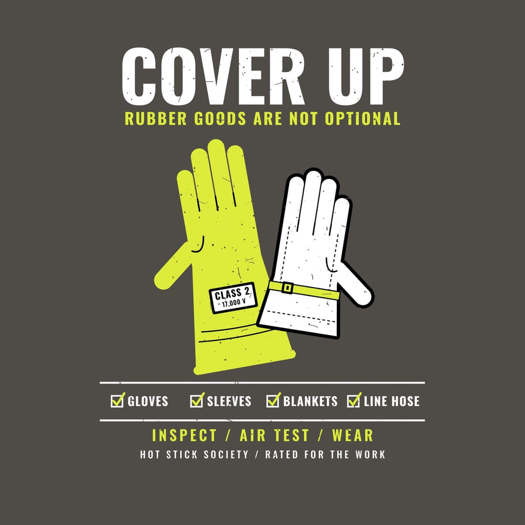 Close-up of the Cover Up rubber gloves print artwork in hi-vis yellow and white on a dark background