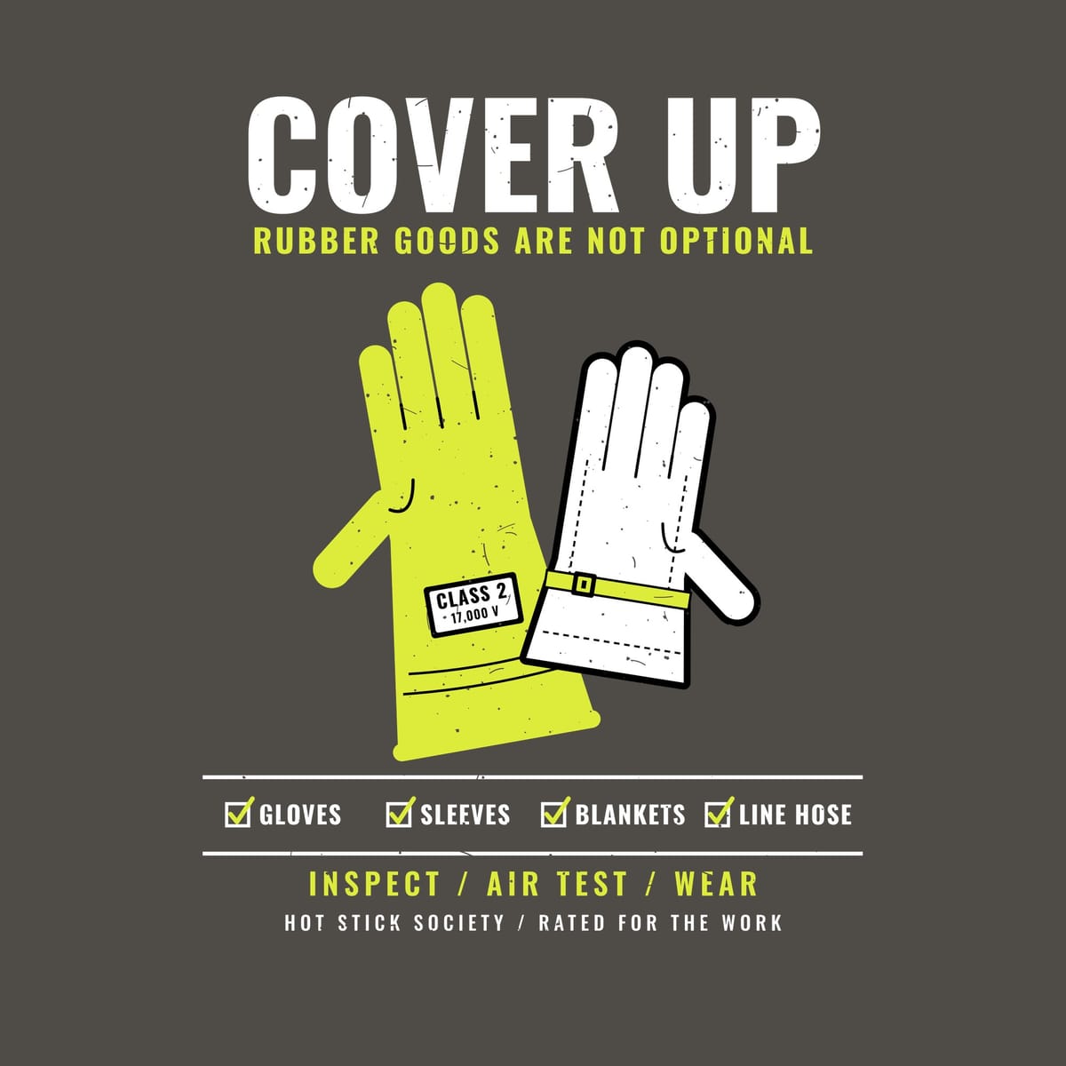 Close-up of the Cover Up rubber gloves print artwork in hi-vis yellow and white on a dark background