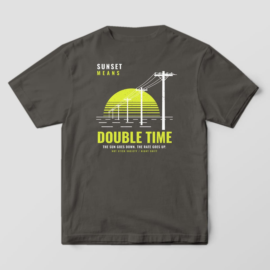 Back view of the pepper Comfort Colors 1717 shirt showing the Sunset Means Double Time retro sunset back print in hi-vis yellow and white