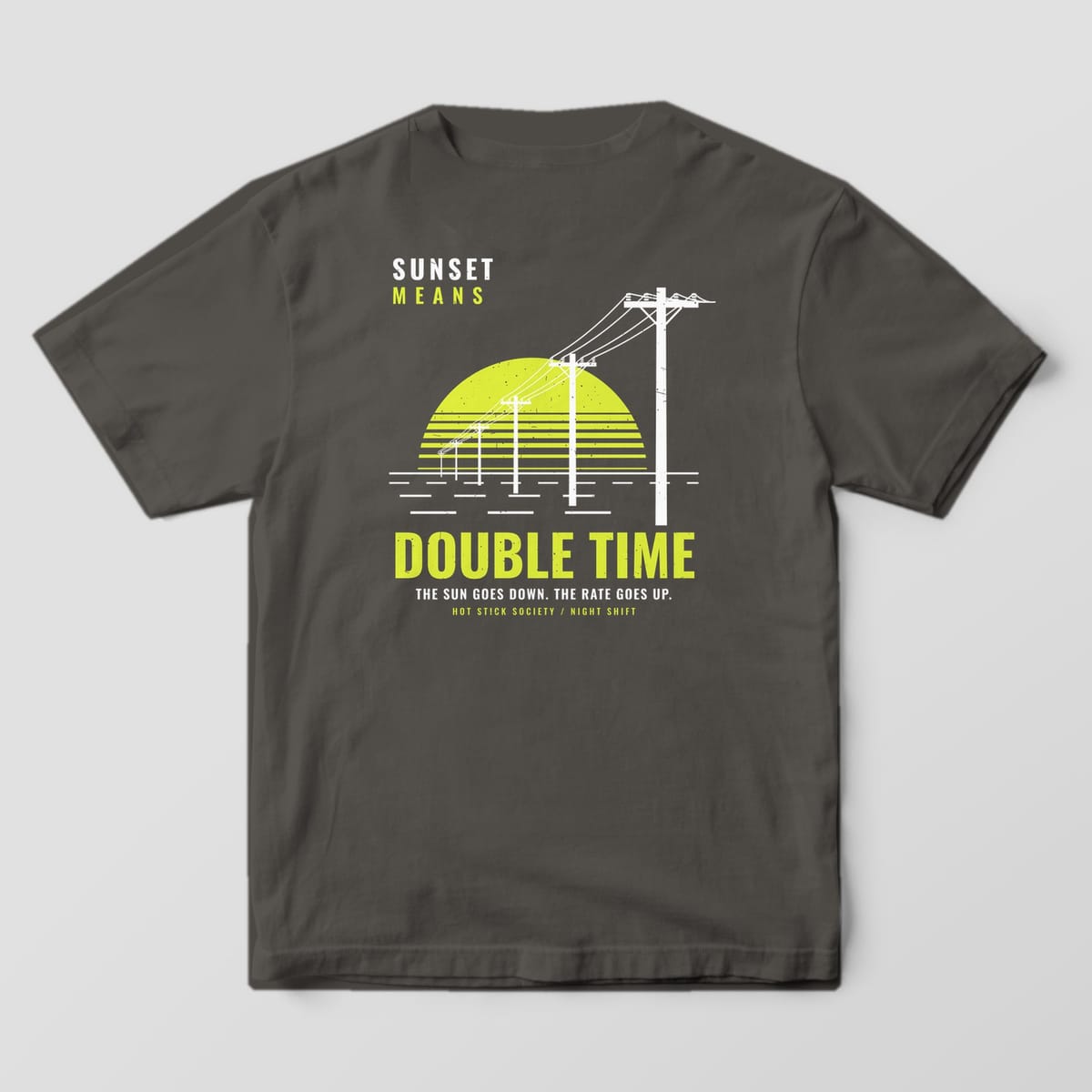 Back view of the pepper Comfort Colors 1717 shirt showing the Sunset Means Double Time retro sunset back print in hi-vis yellow and white