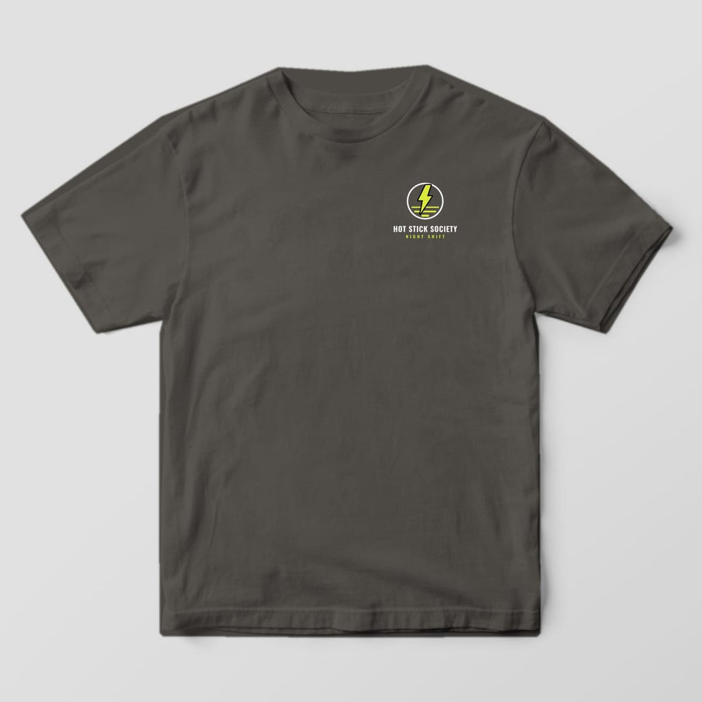 Front view of the pepper Comfort Colors 1717 shirt with the small left-chest Sunset Means Double Time print