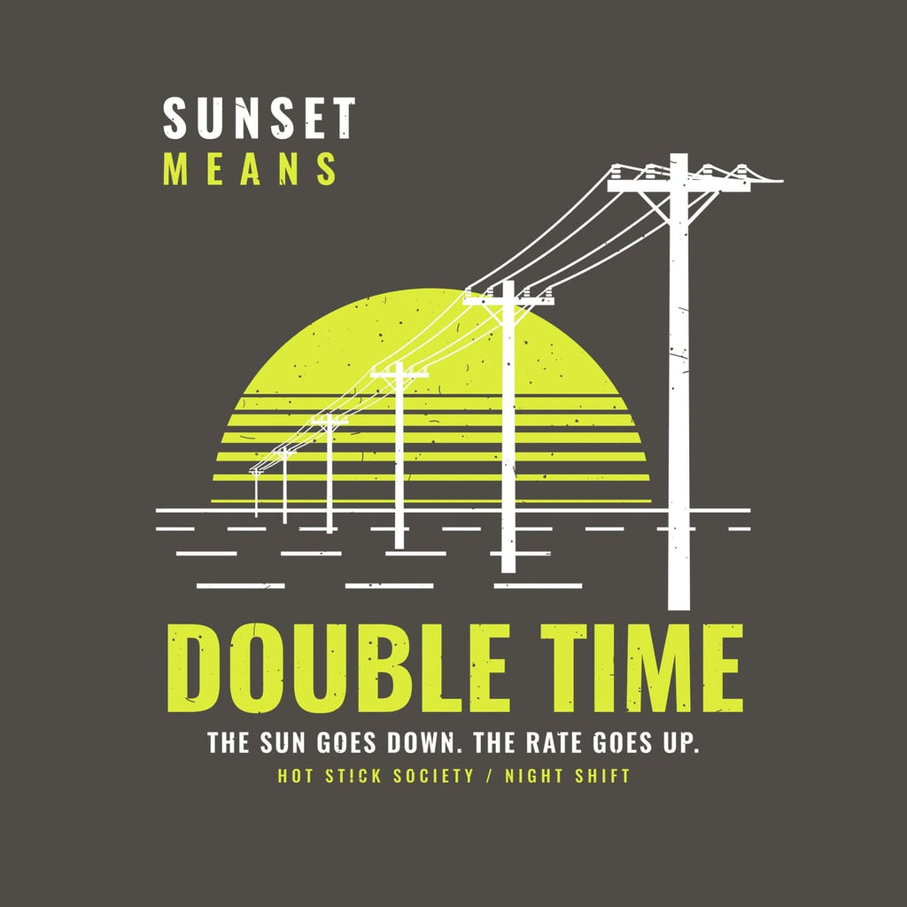 Close-up of the Sunset Means Double Time retro sunset print artwork in hi-vis yellow and white on a dark background