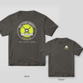 Back and front of a pepper Hot Stick Society, Members Only lineman T-shirt shown together, back print large on the left and the small chest print on the right