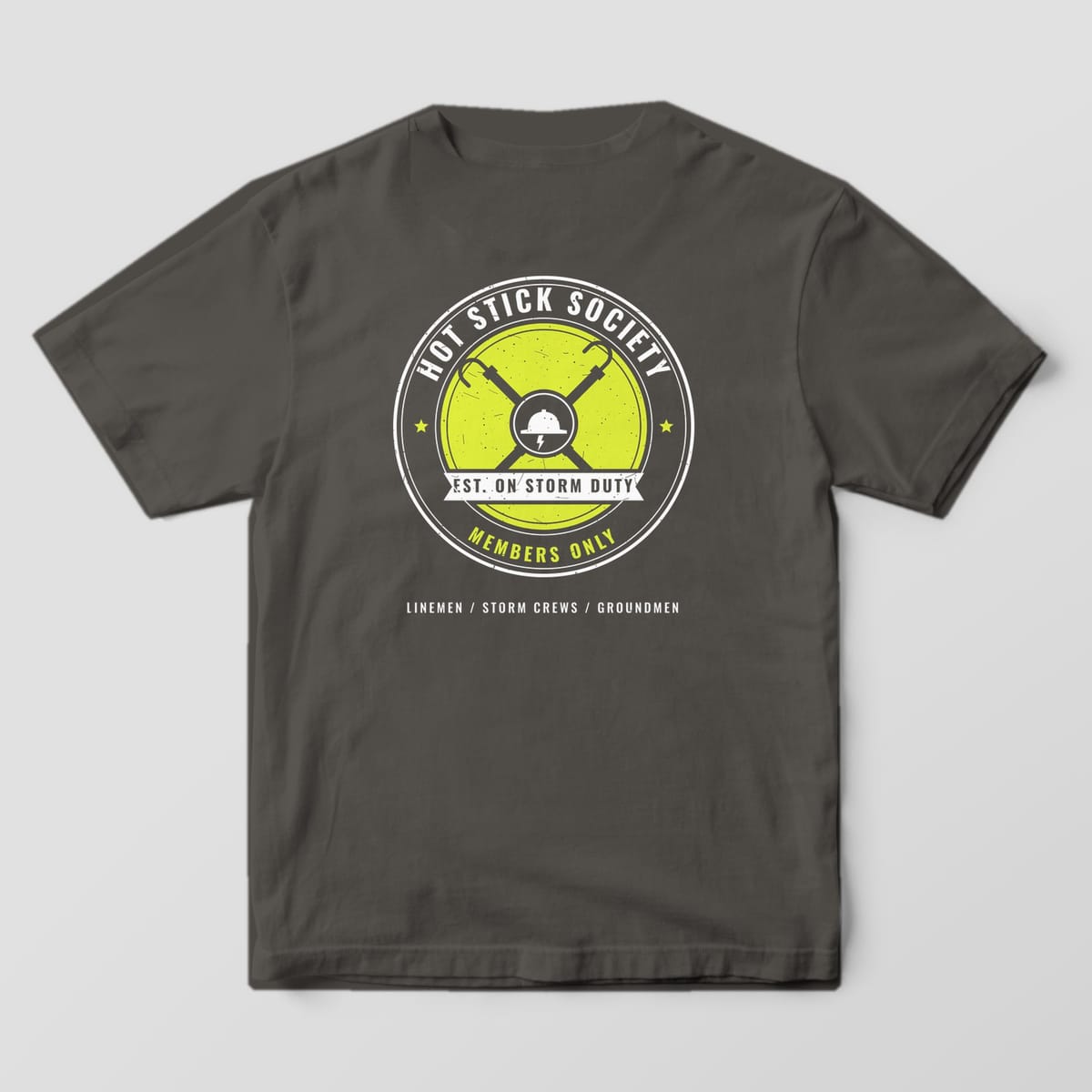 Back view of the pepper Comfort Colors 1717 shirt showing the Hot Stick Society, Members Only back print in hi-vis yellow and white