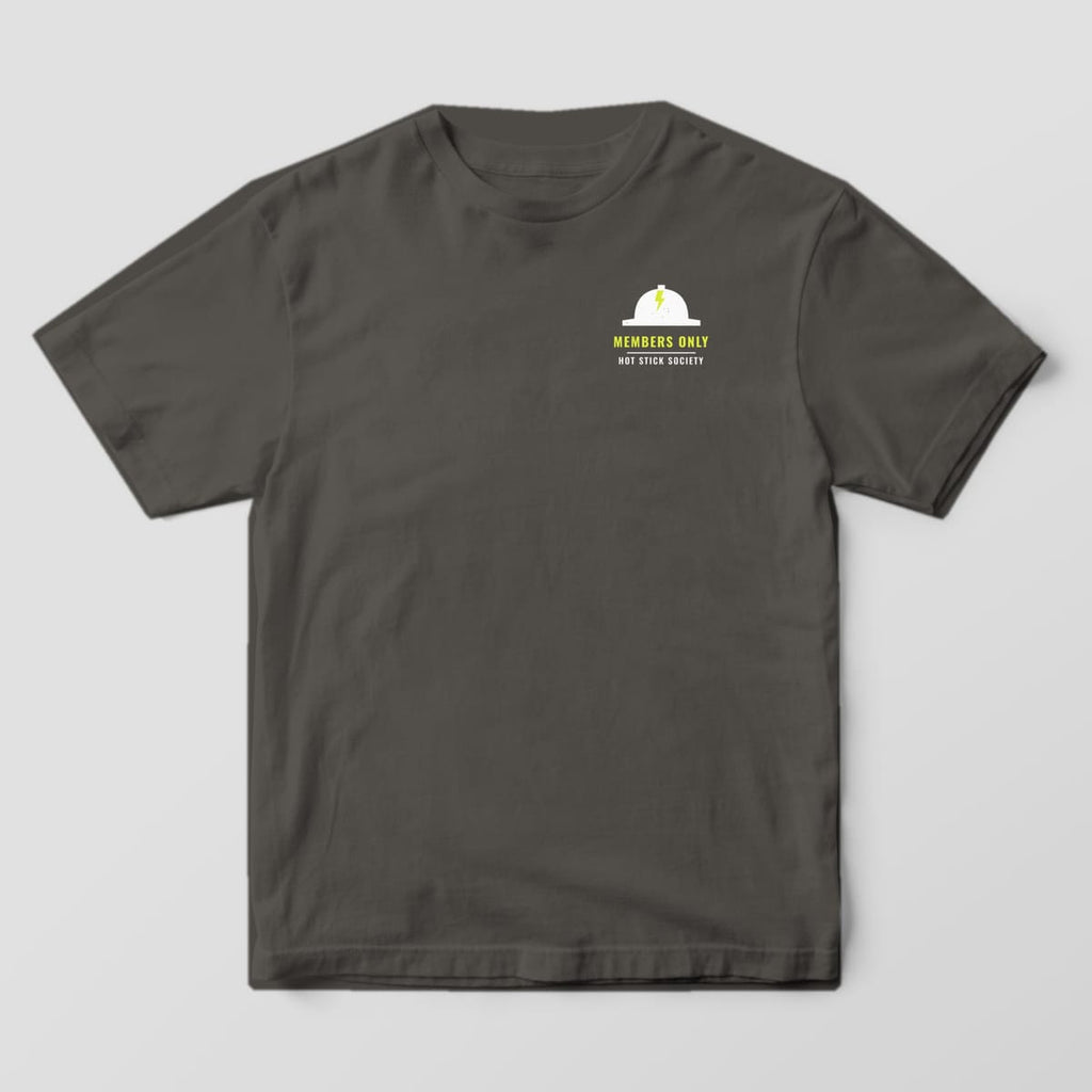 Front view of the pepper Comfort Colors 1717 shirt with the small left-chest Hot Stick Society, Members Only print