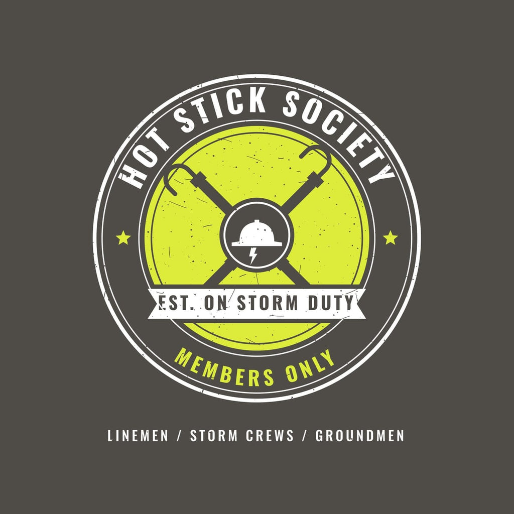 Close-up of the Hot Stick Society, Members Only print artwork in hi-vis yellow and white on a dark background