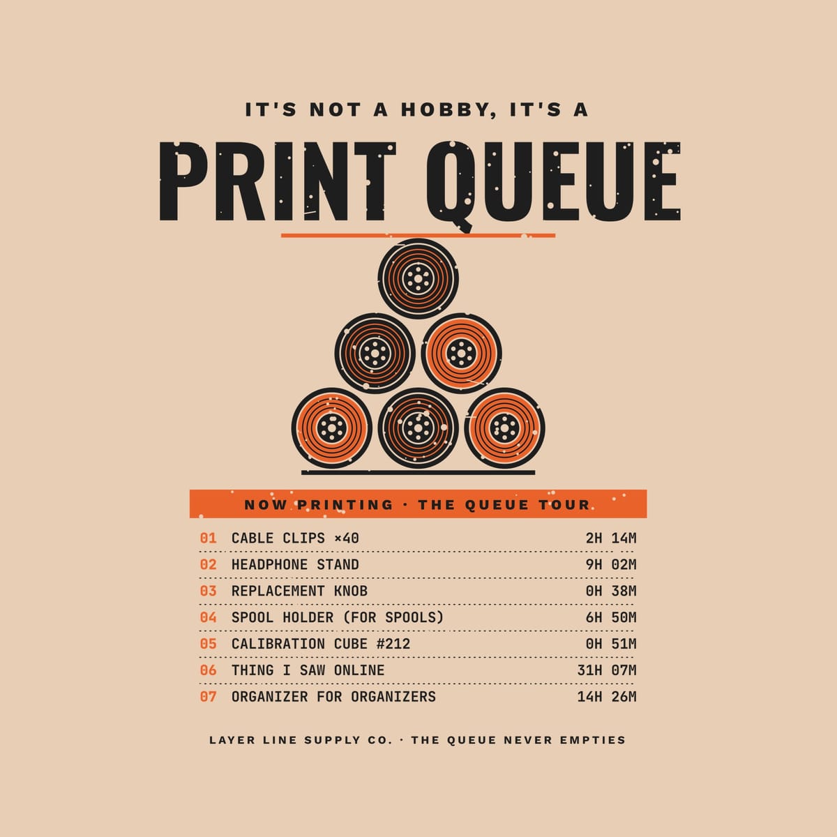 Close-up of the Print Queue print showing charcoal and orange ink detail
