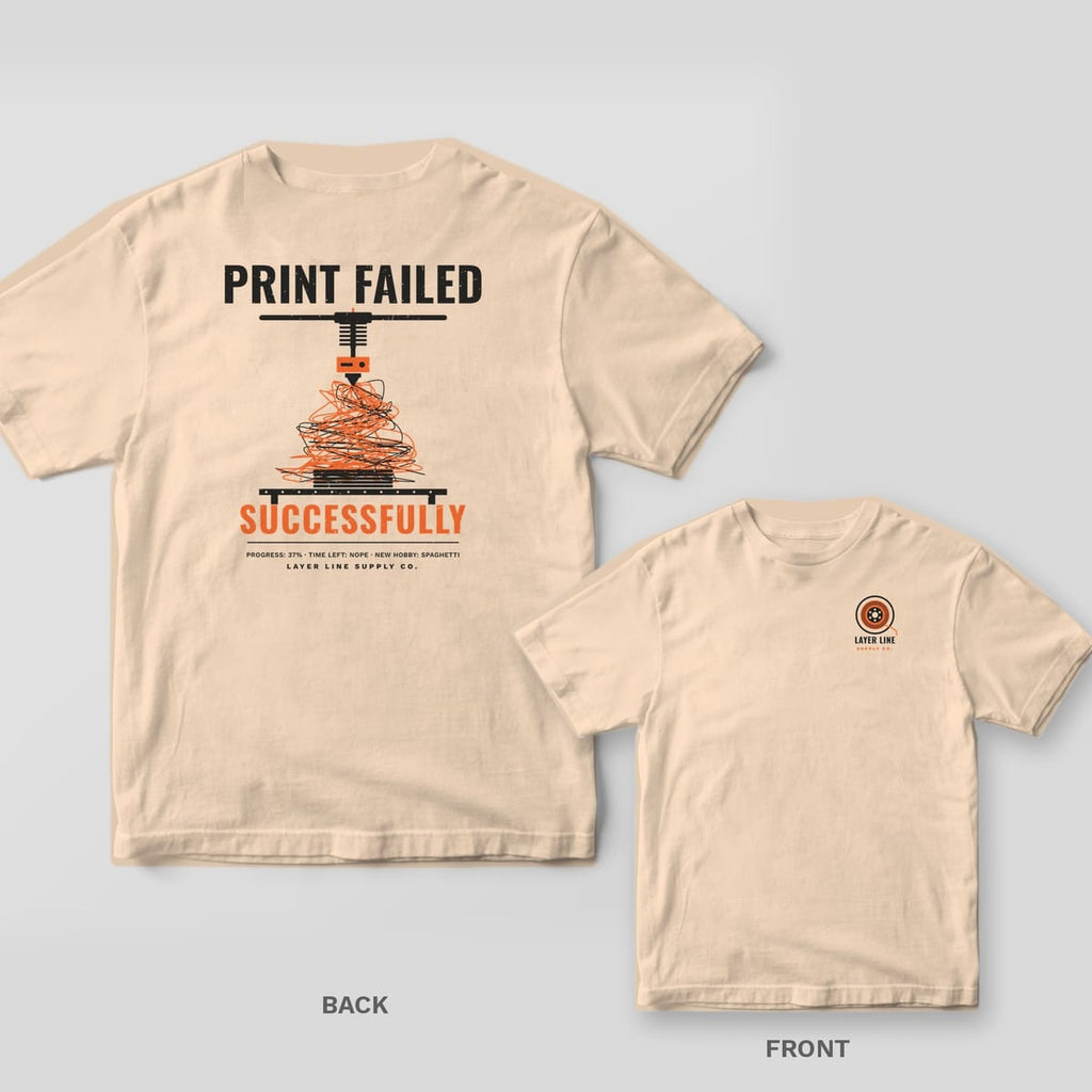 Print Failed Successfully 3D printing shirt shown back and front on Ivory Comfort Colors 1717: Bold "Print Failed / Successfully" type around a printer gantry and nozzle over a spaghetti-monster failed print, with "Progress: 37% · Time Left:…
