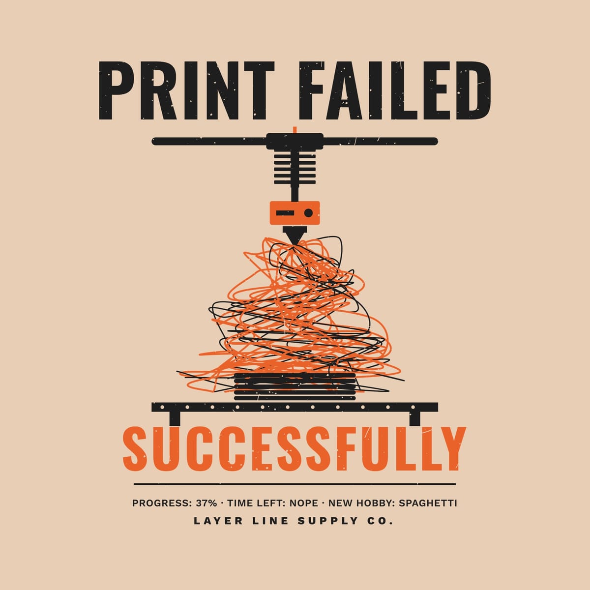 Close-up of the Print Failed Successfully print showing charcoal and orange ink detail